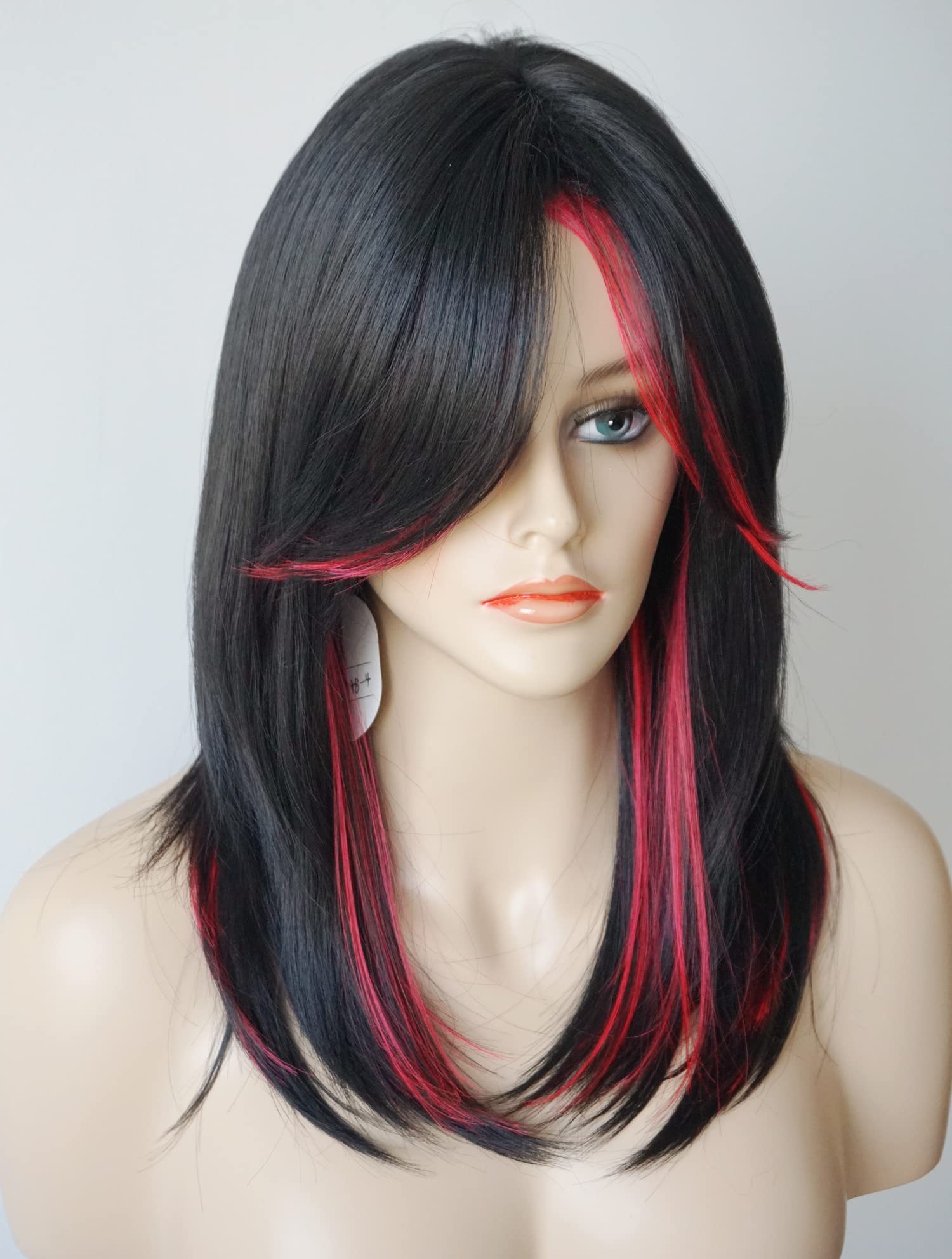 Medium Length Layered Wigs Black with Red Highlights wigs Layered wig with bangs Synthetic wig Highlight for white Women (Black with red)