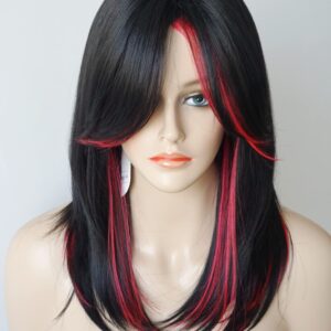 Medium Length Layered Wigs Black with Red Highlights wigs Layered wig with bangs Synthetic wig Highlight for white Women (Black with red)