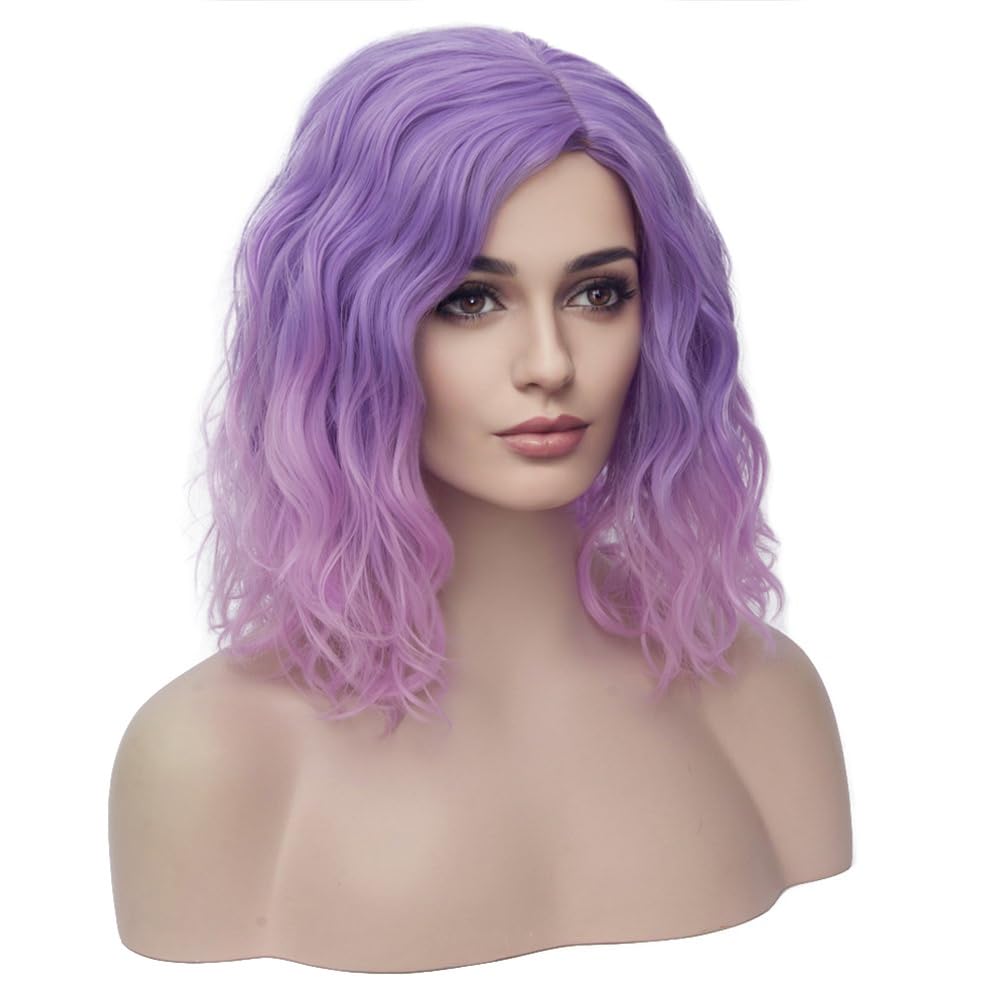 BERON 14" Women Girls Short Curly Bob Wavy Ombre Pink Wig Body Wave Daily Hair Wigs (Light Purple to Pink)