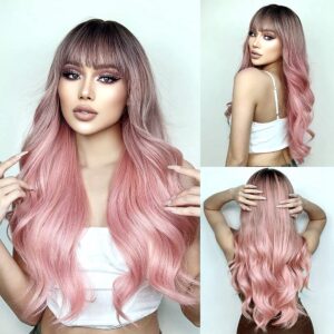 ishine pink wigs for women, long wavy curly wigs, no lace colored wigs with bangs, ombre black to pink wig, synthetic wigs for daily cosplay party replacement 24inch