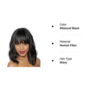 forfeels Short Wavy Black Wig with Bangs Bob Short Charming Curly Wavy Wig Women Synthetic Natural Looking Heat Resistant Fiber Hair for Women (14inch)