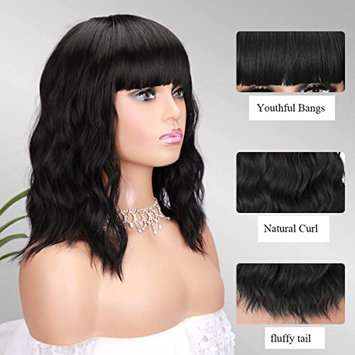 forfeels Short Wavy Black Wig with Bangs Bob Short Charming Curly Wavy Wig Women Synthetic Natural Looking Heat Resistant Fiber Hair for Women (14inch)