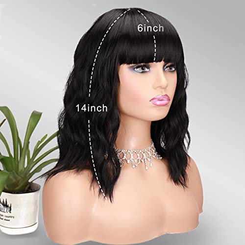 forfeels Short Wavy Black Wig with Bangs Bob Short Charming Curly Wavy Wig Women Synthetic Natural Looking Heat Resistant Fiber Hair for Women (14inch)