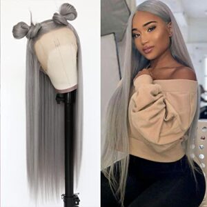 Lovestory Long Straight Synthetic Lace Front Wigs Heat Resistant Gray Wig Natural Hair Wig For Women 180 Density 22-24 inch