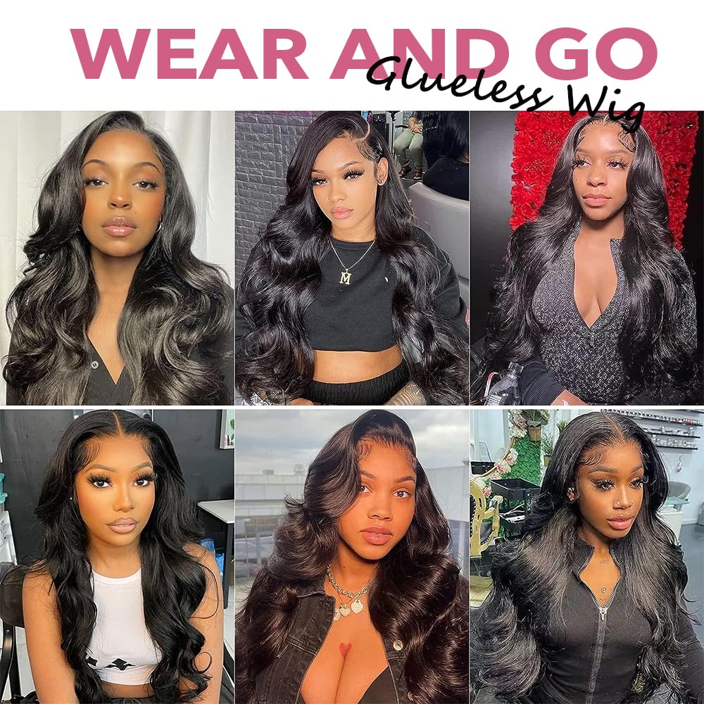 UTracycoy Glueless Wigs Human Hair Pre Plucked, Wear and Go Body Wave No Glue Pre Cut HD 4x4 Lace Closure Front Wigs for Beginners, Black Women, 22 Inches