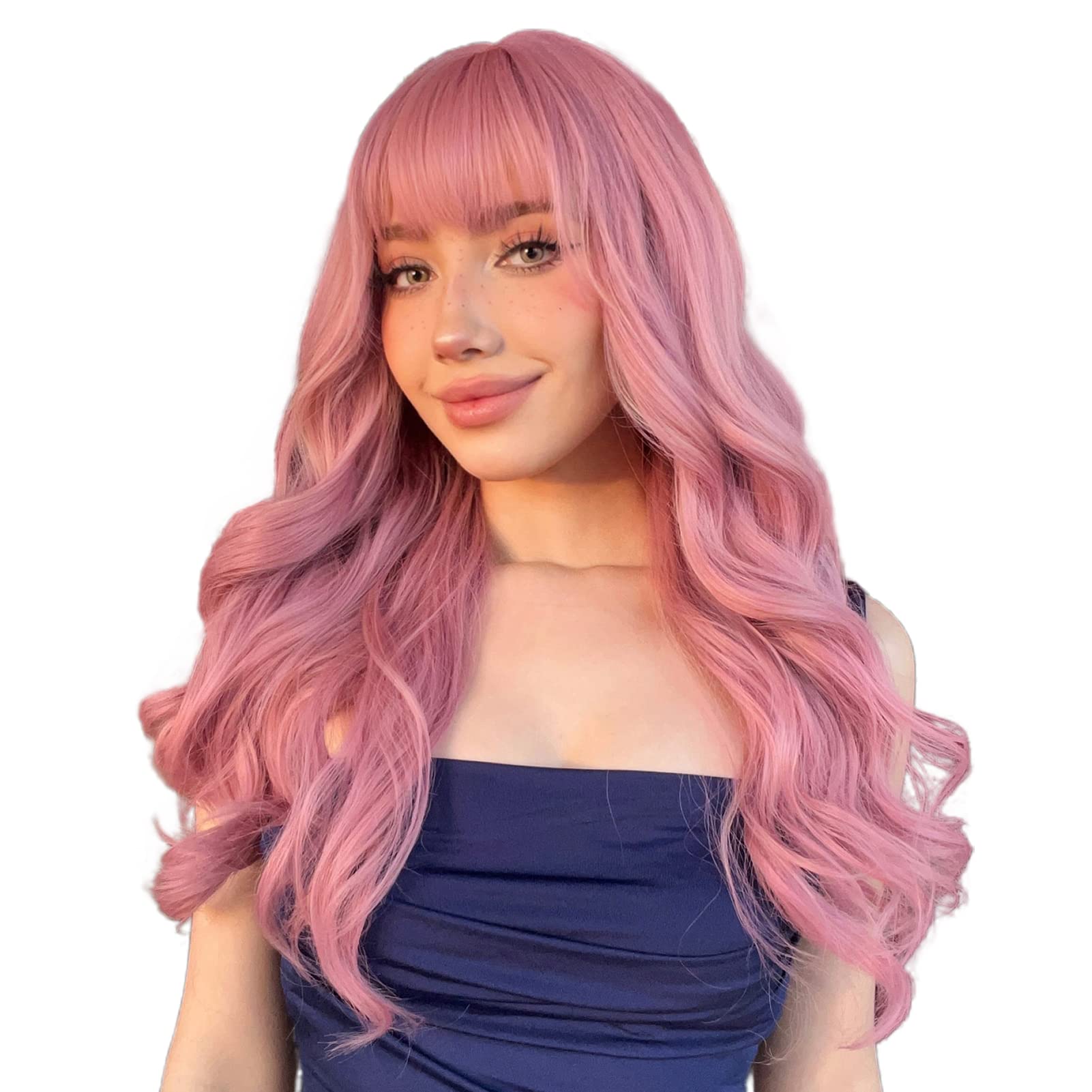 N NAYASA Pink Wigs with Bangs Long Wavy Pink Wigs for Women Synthetic Natural Wavy Wig Heat Resistant Colorful Wigs for Daily Party Cosplay Use 22”