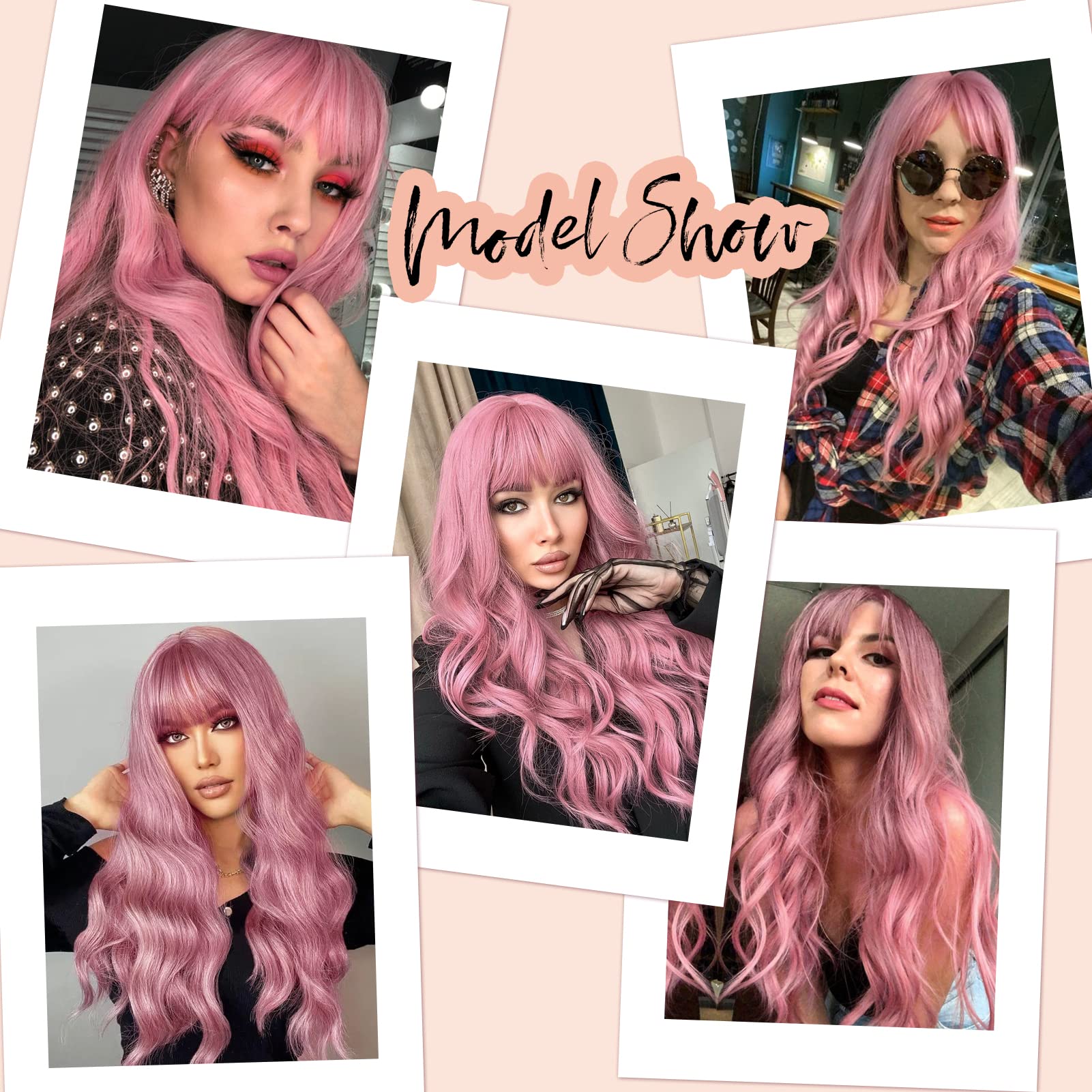 N NAYASA Pink Wigs with Bangs Long Wavy Pink Wigs for Women Synthetic Natural Wavy Wig Heat Resistant Colorful Wigs for Daily Party Cosplay Use 22”