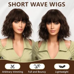 AISI HAIR Dark Brown Wigs for Women Short Wavy Bob Wig with Bangs for Women Synthetic Short Curly Wave Wigs Heat Resistant Fiber Hair Wigs for Daily