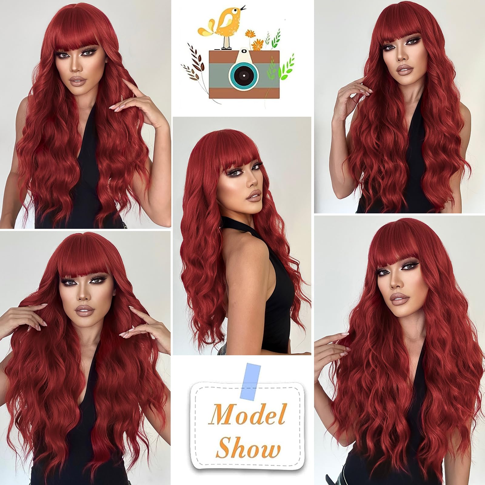 Lativ Red Wig With Bangs Long Red Wigs for Women 26 Inches Curly Wavy Hair Natural Looking Heat Resistant Fiber Wig for Girls Halloween Party Use