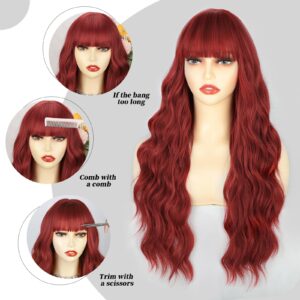 Lativ Red Wig With Bangs Long Red Wigs for Women 26 Inches Curly Wavy Hair Natural Looking Heat Resistant Fiber Wig for Girls Halloween Party Use