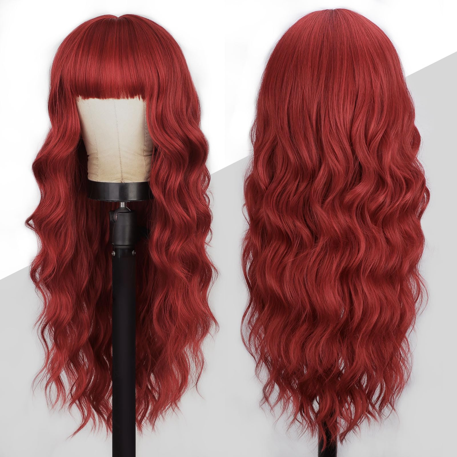 Lativ Red Wig With Bangs Long Red Wigs for Women 26 Inches Curly Wavy Hair Natural Looking Heat Resistant Fiber Wig for Girls Halloween Party Use