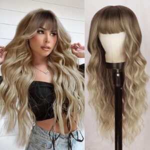 Cisyia Blonde Wigs with Bangs Ombre Blonde Wig for Women 26 Inches Long Wavy Curly Synthetic Heat Resistant Fiber Wigs for Girls Daily Party Use