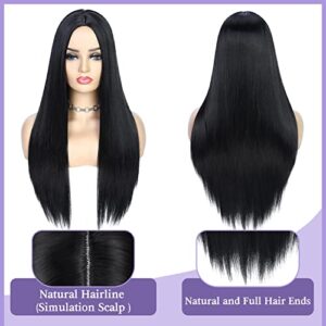 Quantum Love Wigs Long Natural Straight Middle Part Natural Black Color Wig Heat Resistant Realistic Synthetic Daily Party Wig for Women