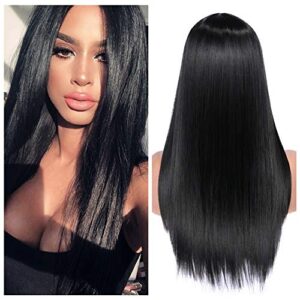 Quantum Love Wigs Long Natural Straight Middle Part Natural Black Color Wig Heat Resistant Realistic Synthetic Daily Party Wig for Women