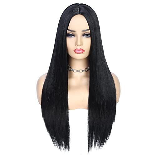 Quantum Love Wigs Long Natural Straight Middle Part Natural Black Color Wig Heat Resistant Realistic Synthetic Daily Party Wig for Women