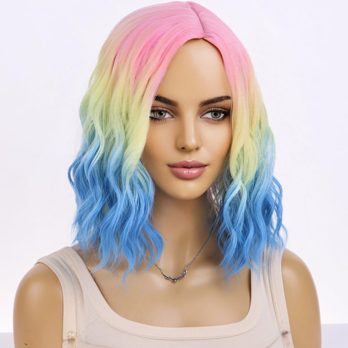 MAGQOO Rainbow Wig for Women Short Colorful Wig Multicolor Wig Side Part Short Curly Wavy Rainbow Hair Wigs Synthetic Heat Resistant Cosplay Costume Party Wigs