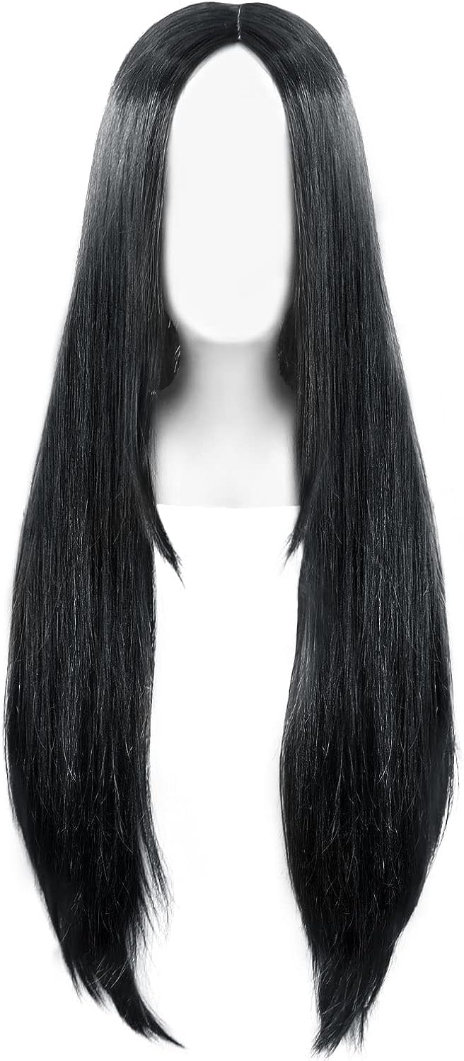 Ansho 75cm / 29.5 Inches Long Black Straight Wigs Middle Part No Bangs Women's Costume Wigs Synthetic Heat Resistant Hairpieces Cosplay Wig for Halloweern Party