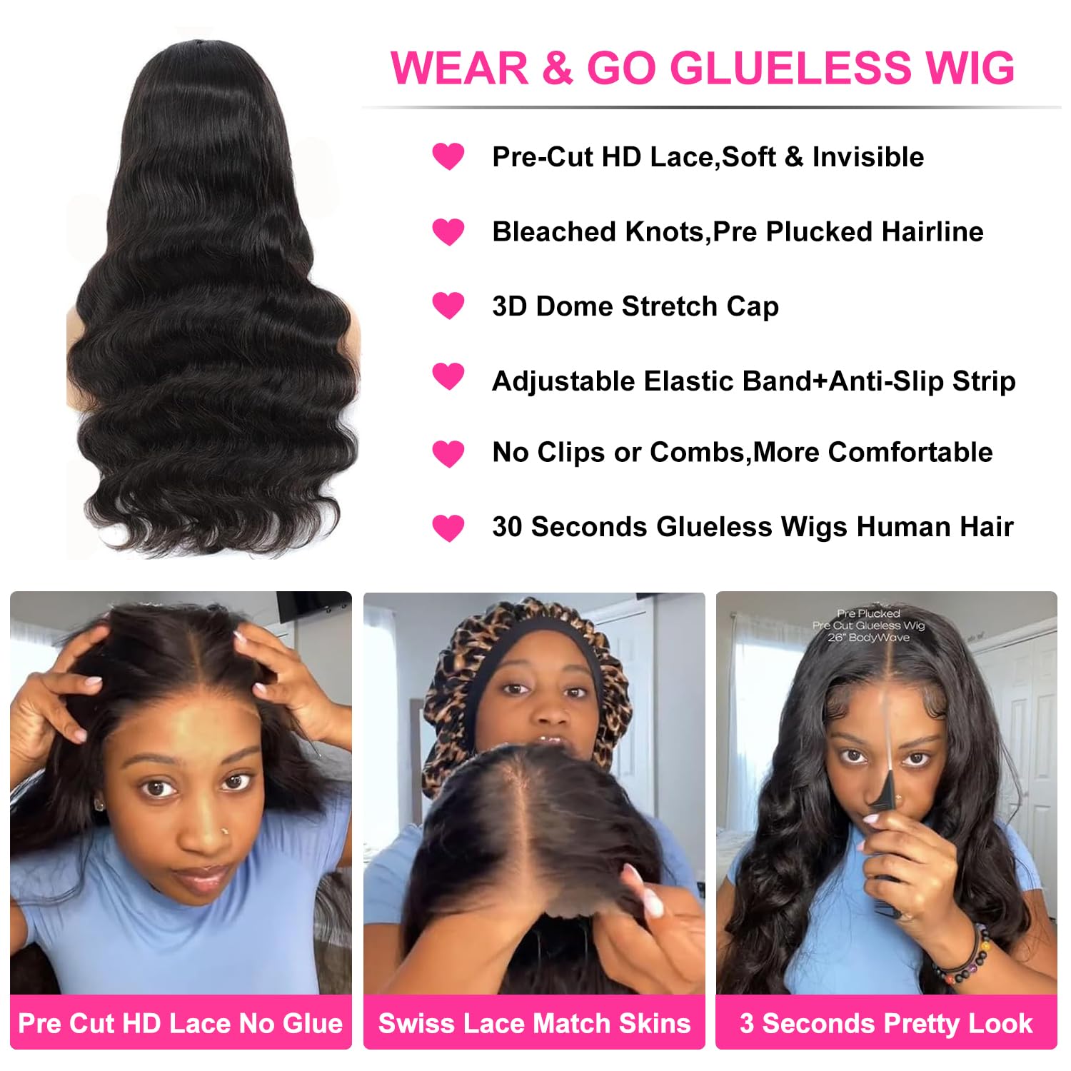 Uveous 26 Inch Glueless Wigs Human Hair Pre Plucked/Cut Wear and Go Wig 180 Density 5x5 Hd Lace Closure Wigs Human Hair Body Wave Hd Lace Front Wigs for Women Frontal Wigs