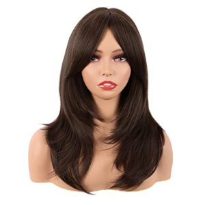 mapofbeauty 20 inch/50 cm long layered with bangs straight synthetic fiber shoulder length hair for daily use or party wig (brown)