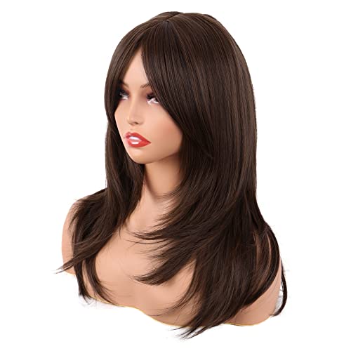 MapofBeauty 20 Inch/50 cm Long Layered With Bangs Straight Synthetic fiber Shoulder Length Hair for Daily Use or Party Wig (Brown)