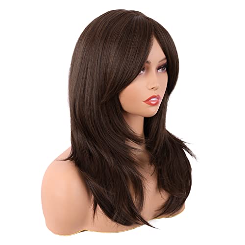 MapofBeauty 20 Inch/50 cm Long Layered With Bangs Straight Synthetic fiber Shoulder Length Hair for Daily Use or Party Wig (Brown)