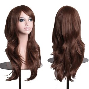 aneshe wigs 28" long wavy hair heat resistant cosplay wig for women (dark brown)