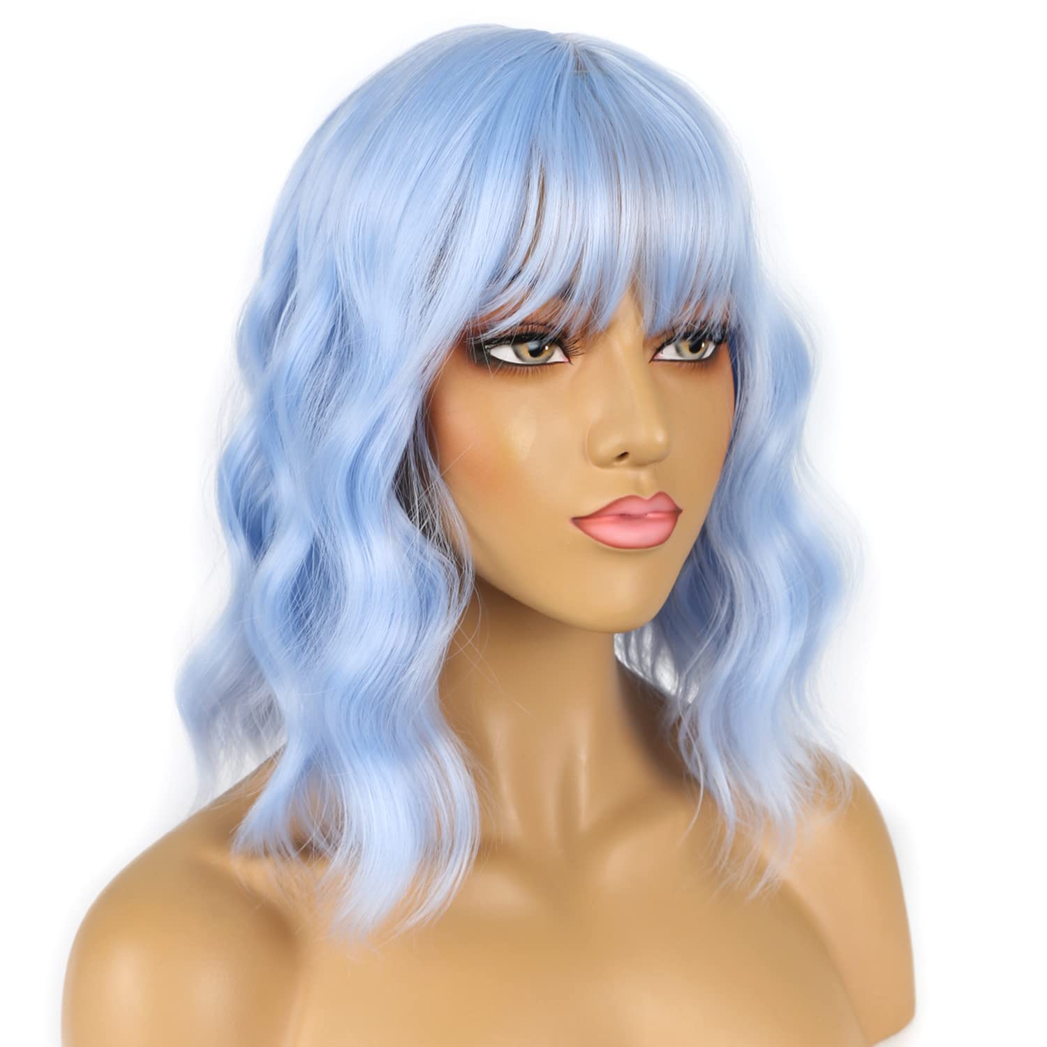 LANCAINI Short Bob Wigs with Bangs for Women Loose Wavy Wig Curly Wavy Shoulder Length Bob Synthetic Cosplay Wig for Girl Colorful Costume Wigs (Light Blue)