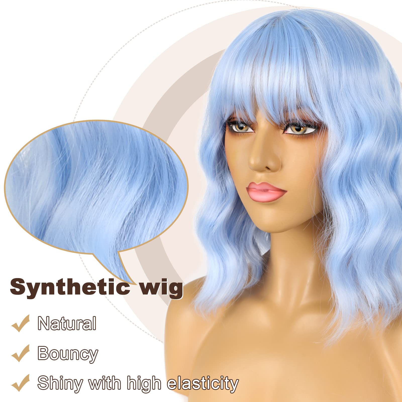 LANCAINI Short Bob Wigs with Bangs for Women Loose Wavy Wig Curly Wavy Shoulder Length Bob Synthetic Cosplay Wig for Girl Colorful Costume Wigs (Light Blue)