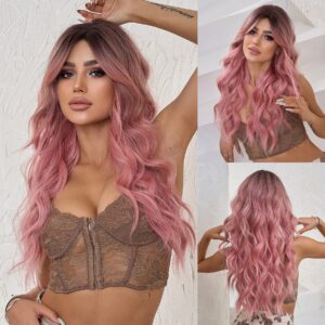 omelpis pink wig for women long ombre brown to pink wavy curly synthetic wigs with bangs middle part dark roots layered hair with bangs for girls cosplay party halloween christmas daily 26in