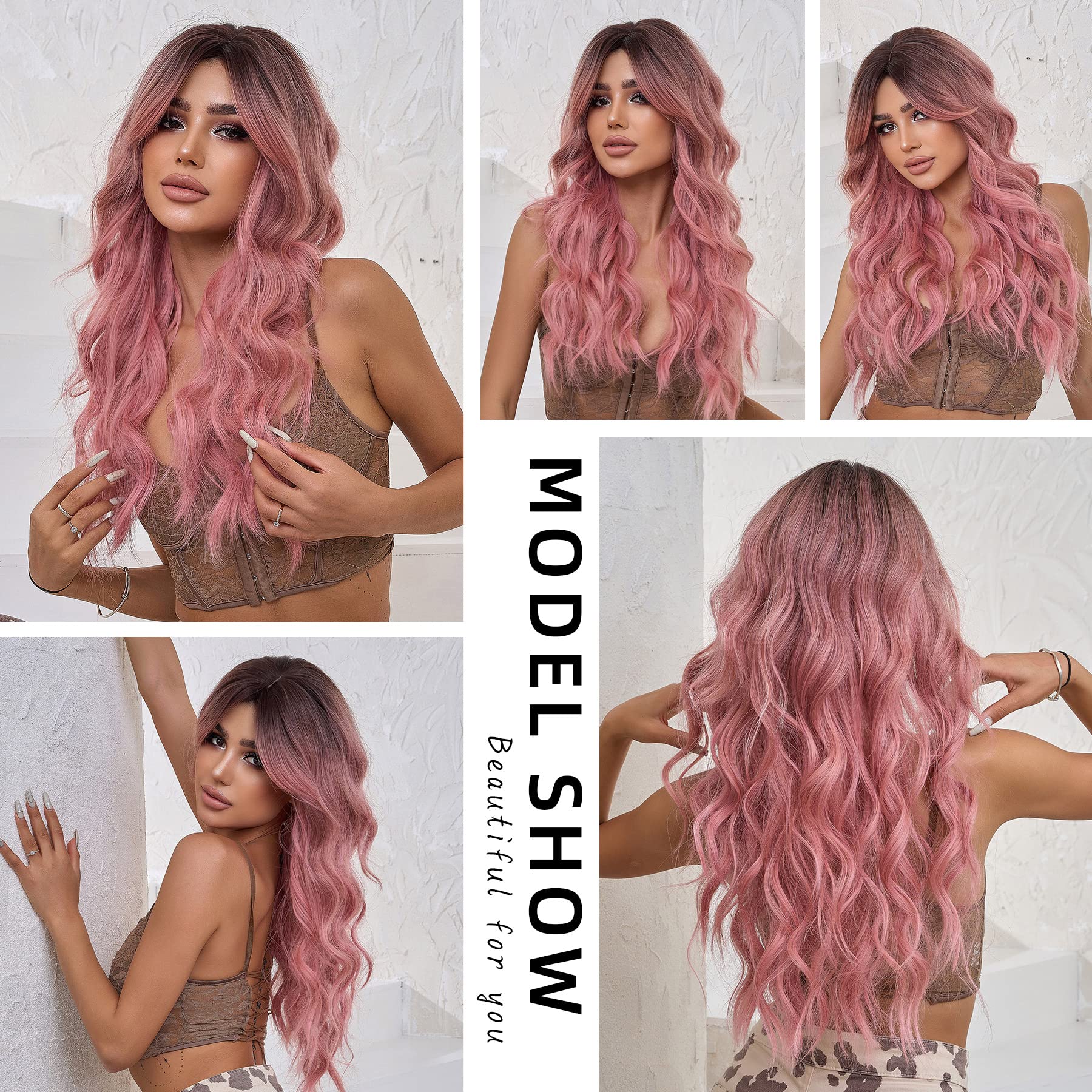 OMELPIS Pink Wig for Women Long Ombre Brown to Pink Wavy Curly Synthetic Wigs with Bangs Middle Part Dark Roots Layered Hair with Bangs for Girls Cosplay Party Halloween Christmas Daily 26In