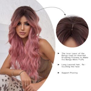 OMELPIS Pink Wig for Women Long Ombre Brown to Pink Wavy Curly Synthetic Wigs with Bangs Middle Part Dark Roots Layered Hair with Bangs for Girls Cosplay Party Halloween Christmas Daily 26In