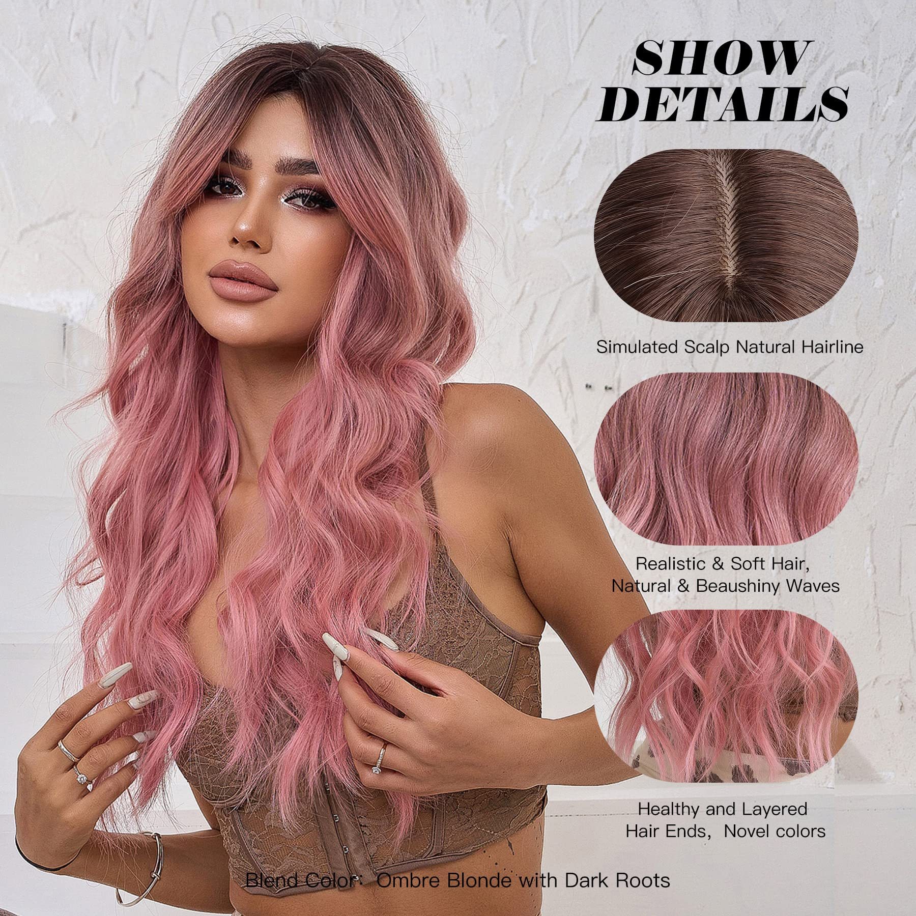 OMELPIS Pink Wig for Women Long Ombre Brown to Pink Wavy Curly Synthetic Wigs with Bangs Middle Part Dark Roots Layered Hair with Bangs for Girls Cosplay Party Halloween Christmas Daily 26In