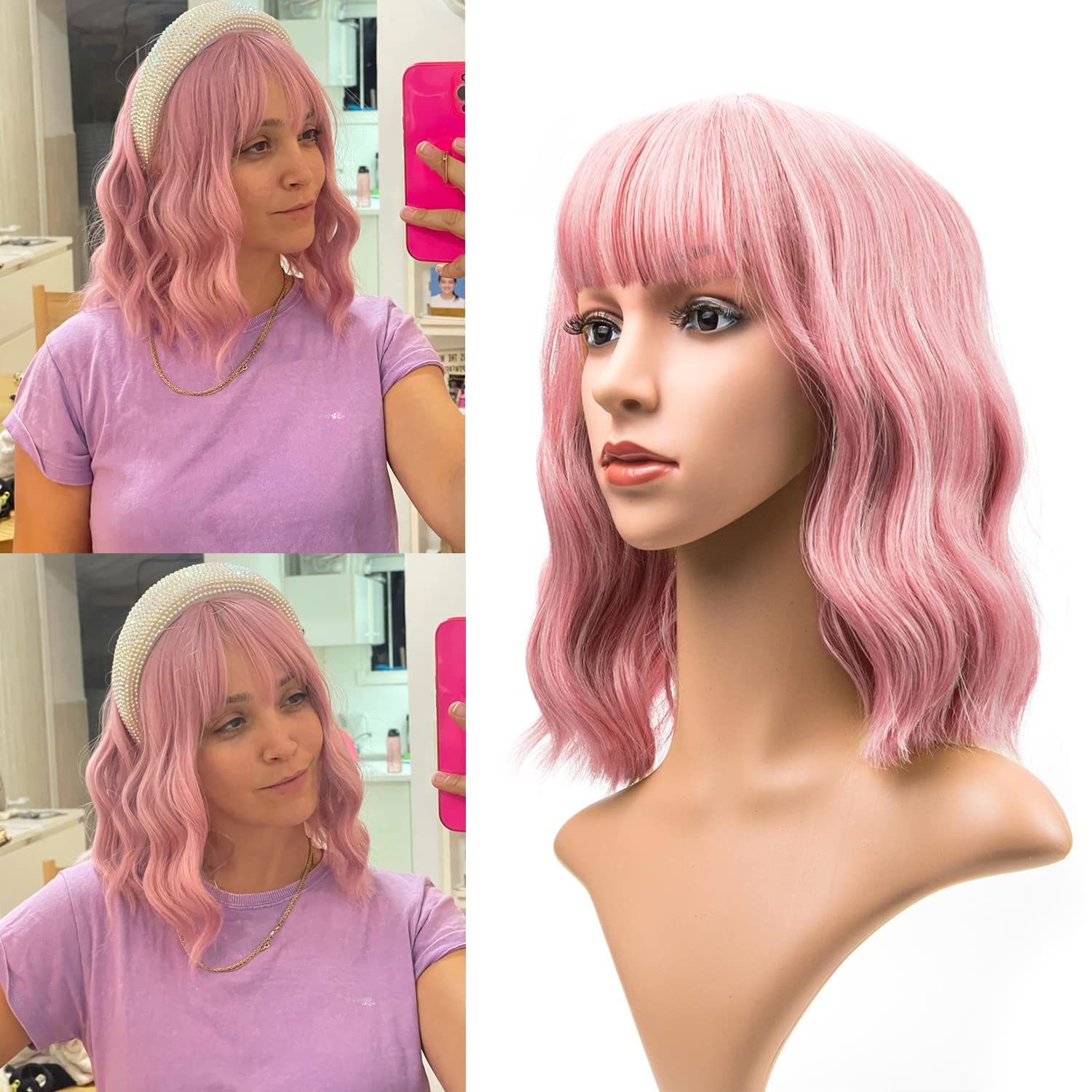 Netgo Pink Wig for Women, Short Pink Wig with Bangs, Natural Wavy Wigs Heat Resistant Synthetic Womens Wigs Daily Party Cosplay Wig