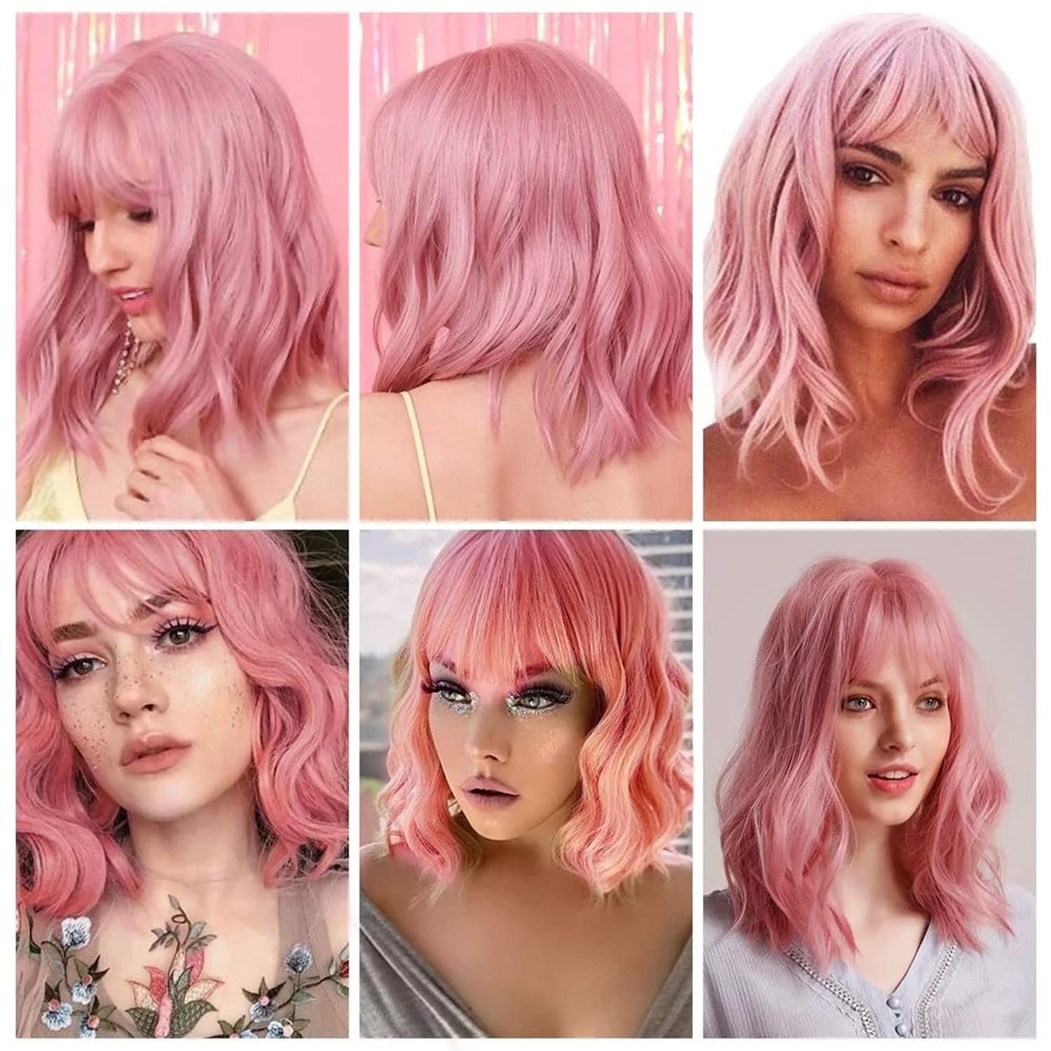 Netgo Pink Wig for Women, Short Pink Wig with Bangs, Natural Wavy Wigs Heat Resistant Synthetic Womens Wigs Daily Party Cosplay Wig