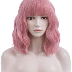 Netgo Pink Wig for Women, Short Pink Wig with Bangs, Natural Wavy Wigs Heat Resistant Synthetic Womens Wigs Daily Party Cosplay Wig