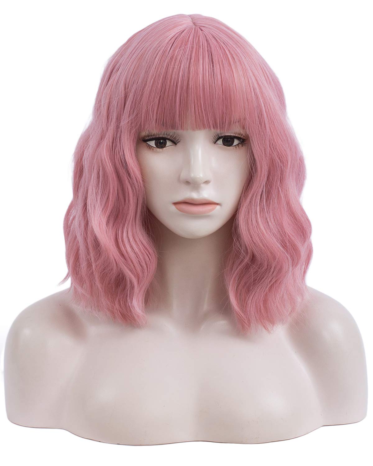 Netgo Pink Wig for Women, Short Pink Wig with Bangs, Natural Wavy Wigs Heat Resistant Synthetic Womens Wigs Daily Party Cosplay Wig