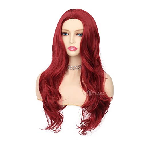 Tseses Red Wigs Long Curly Wavy Wigs for Women Side Part Natural Looking Cosplay Halloween Synthetic Fiber Wig (Red)