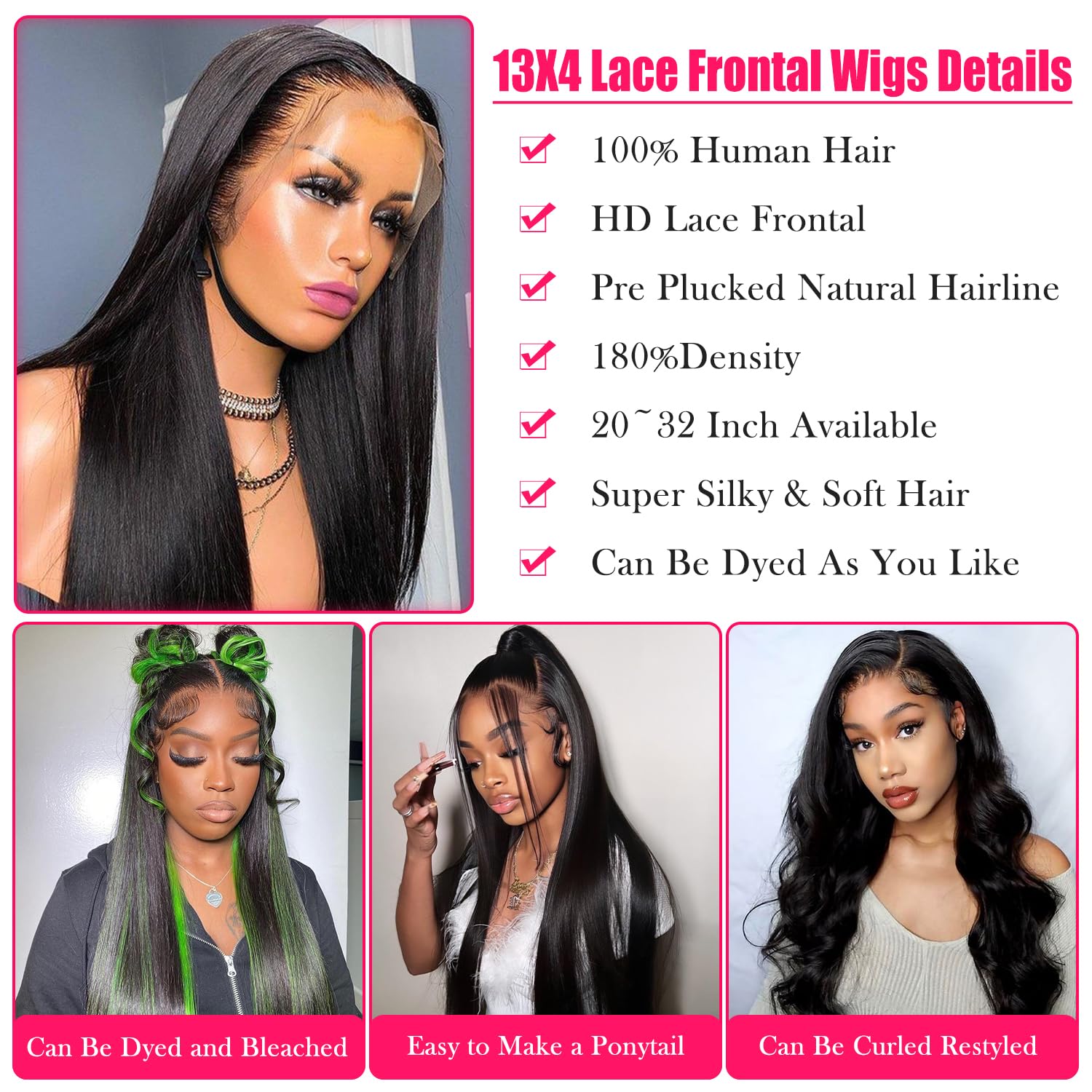 TENACOO 28 Inch Straight Lace Front Wigs 100% Human Hair Pre Plucked Straight Wigs 13x4 Lace Front Wigs Human Hair 180% Density HD Lace Front Wigs with Baby Hair 10A Glueless Lace Frontal Wigs