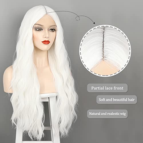 WECAN Long White Wigs for Women, 28 Inches Wavy Lace Heat Synthetic Middle Part Natural Looking Silky Wig for Daily Use, Halloween & Cosplay