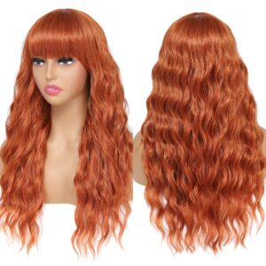 luxemelan ginger long wavy wig with bangs ginger orange wig 22 inch curly glueless wig full machine wig with bangs cosplay party bang wig for women