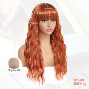 LuxeMelan Ginger Long Wavy Wig with Bangs Ginger Orange Wig 22 Inch Curly Glueless wig Full Machine Wig with Bangs Cosplay Party Bang Wig for Women