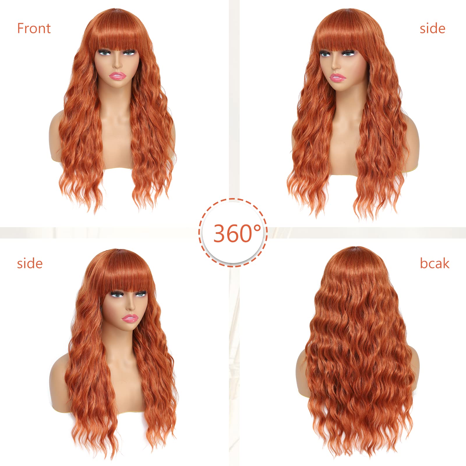 LuxeMelan Ginger Long Wavy Wig with Bangs Ginger Orange Wig 22 Inch Curly Glueless wig Full Machine Wig with Bangs Cosplay Party Bang Wig for Women