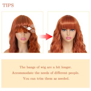 LuxeMelan Ginger Long Wavy Wig with Bangs Ginger Orange Wig 22 Inch Curly Glueless wig Full Machine Wig with Bangs Cosplay Party Bang Wig for Women