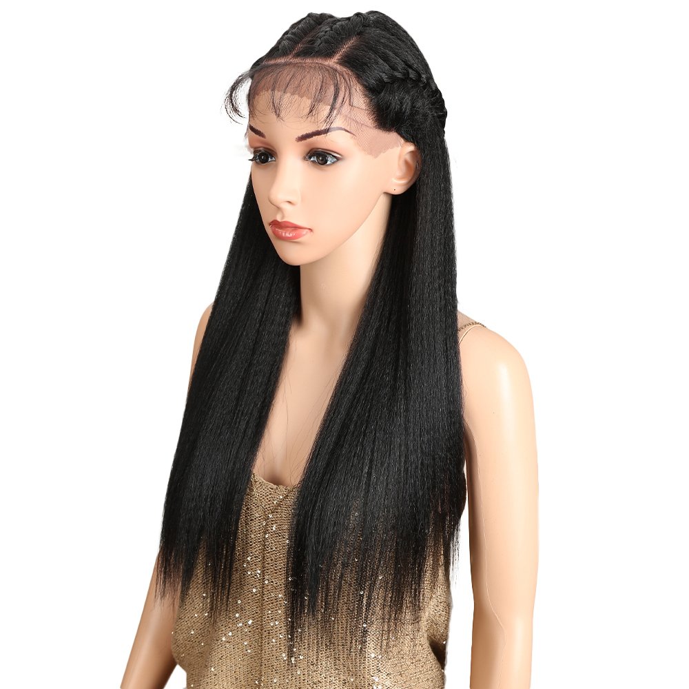 Joedir 24" Straight Yaki Free Part 13x4 Lace Frontal Wigs with Baby Hair Hight Temperature Synthetic Human Hair Feeling Wigs For Black Women 180% Density Wigs Black Color 200g(1B)