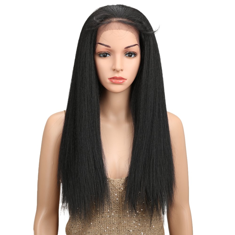 Joedir 24" Straight Yaki Free Part 13x4 Lace Frontal Wigs with Baby Hair Hight Temperature Synthetic Human Hair Feeling Wigs For Black Women 180% Density Wigs Black Color 200g(1B)