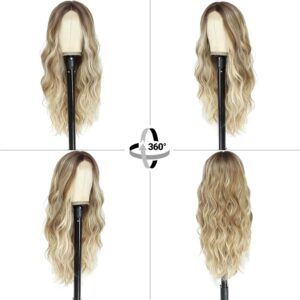 Ombre Blonde Wigs for Women 26 Inch Long Curly Wavy Blonde Wig Natural Looking Lace Middle Part Wig with Dark Root Synthetic Heat Resistant Wigs for Daily Party Use