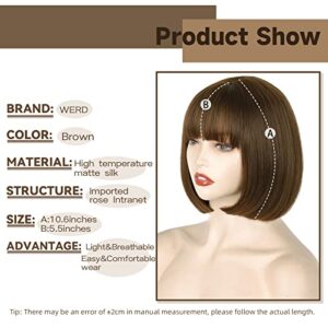 WERD Short Brown Bob Wig with Bangs,Brown Straight Bob Wig for Women,Brown Bob Wig Heat Resistant Fiber for Cospaly Velma