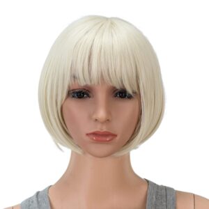 swacc 10 inch short straight bob wig with bangs synthetic colorful cosplay daily party flapper wig for women with wig cap (platinum blonde)