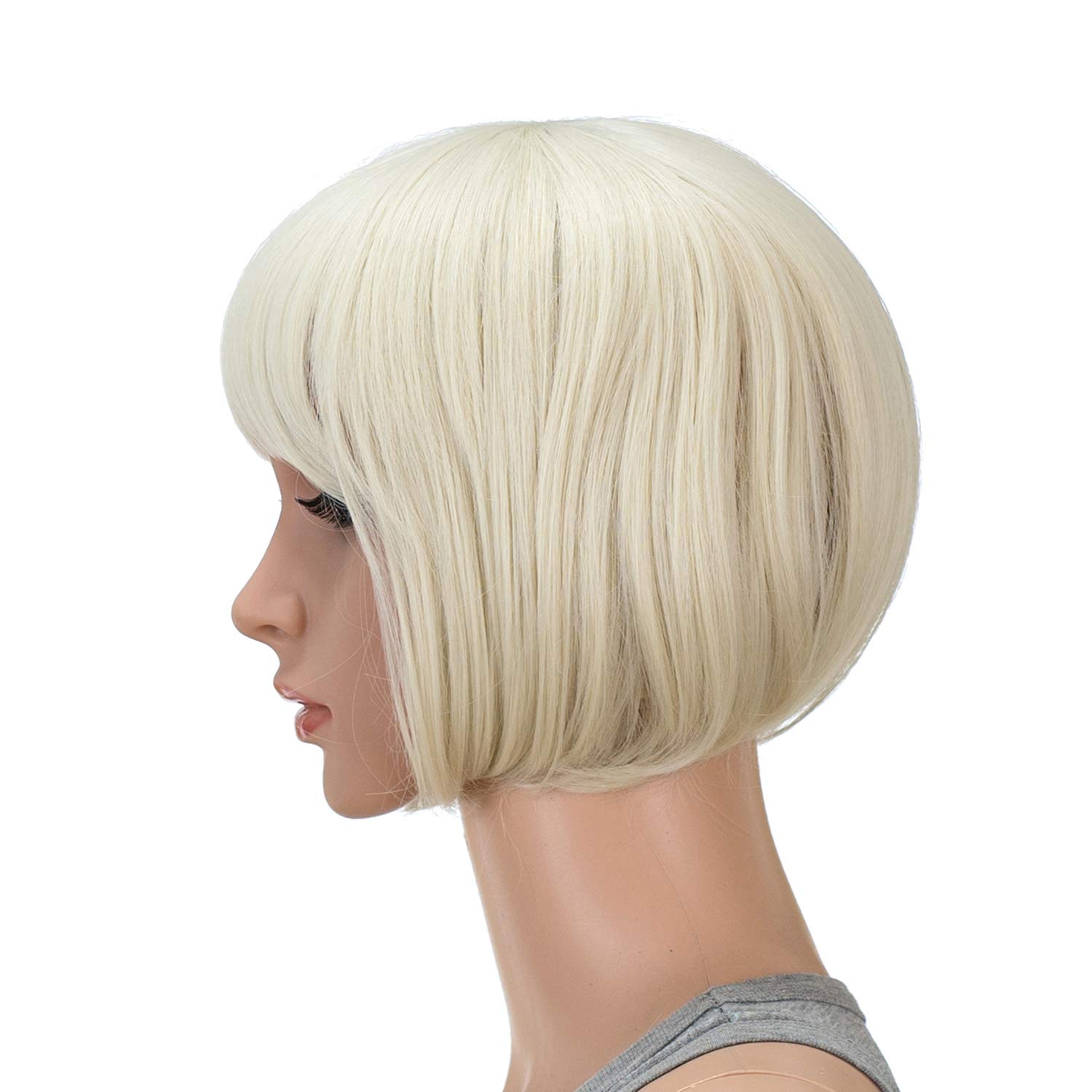 SWACC 10 Inch Short Straight Bob Wig with Bangs Synthetic Colorful Cosplay Daily Party Flapper Wig for Women with Wig Cap (Platinum Blonde)