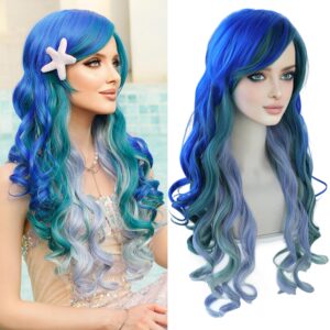 7jhh wigs long wavy costume wigs cosplay mermaid wig for women halloween party used high temperature heat resistant fiber natural hairline cos i love lucy wig (28in, blue purple mermaid ombre wig)